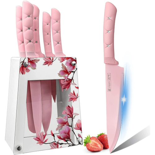 Kitchen Knife Set,Pink Flower 6PC Stainless Steel Sharp Chef Knife Set with Acrylic Stand, Cooking Non-slip Knife Set with Block, Non-stick Colorful C Kitchen Knife Set,Pink Flower 6PC Stainless Steel Sharp Chef Knife Set with Acrylic Stand, Cooking Non-slip Knife Set with Block, Non-stick Colorful C